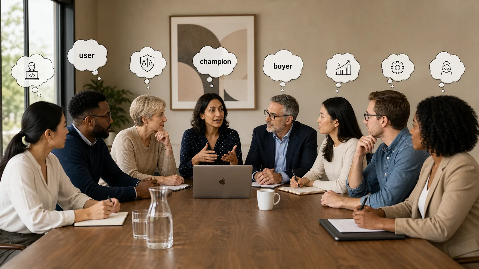 A diverse group of business professionals in a meeting, with thought bubbles above their heads representing different roles like 