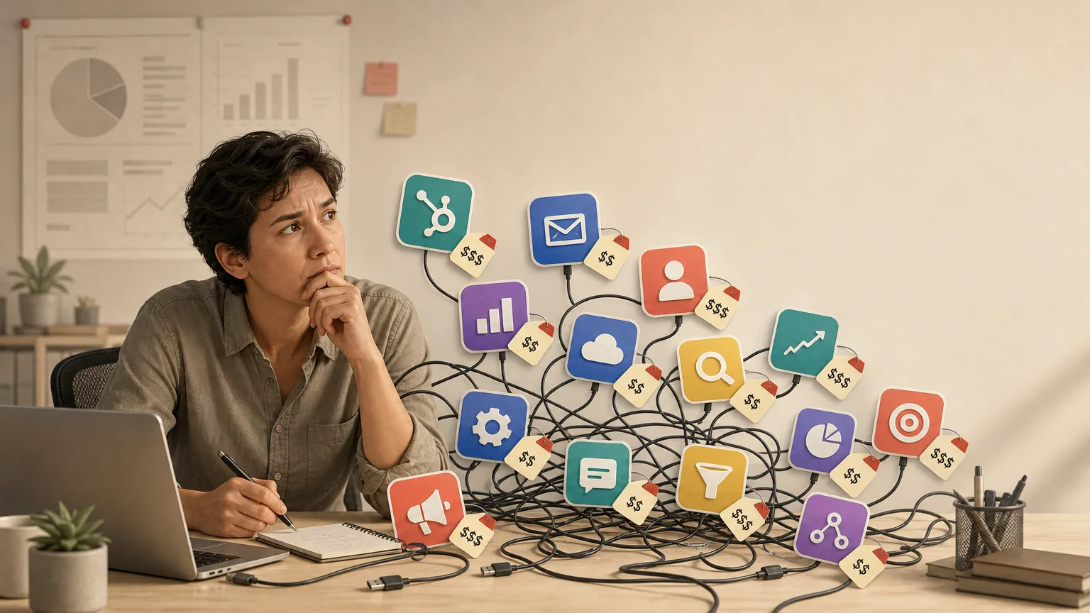 A section titled The founder's dilemma: too many tools, not enough budget, from the article 'Building Your First Martech Stack'