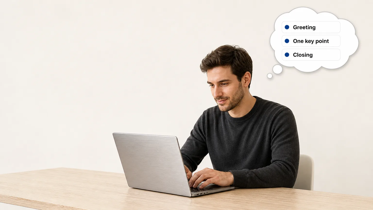 A person typing on a laptop, with a thought bubble above their head showing a simple, three-point message template, in a clean, minimalist style