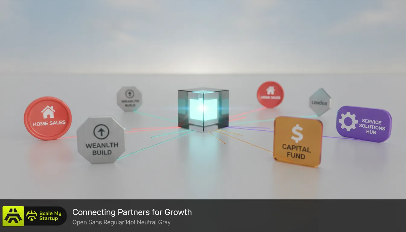 A network of interconnected nodes representing different partnership entities (realtors, financial planners) flowing into a central digital platform icon
